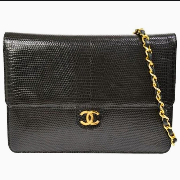CHANEL Handbags - CHANEL Black Exotic Lizard Leather Gold Evening Small Shoulder Flap Bag